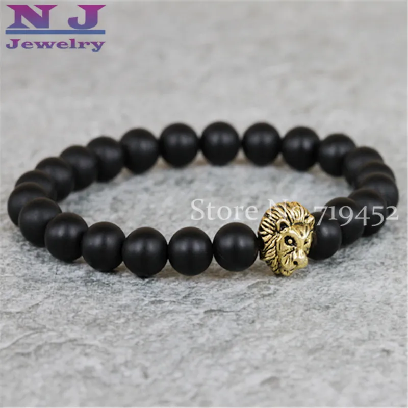 Новый дизайн опт мужское Браслеты 8 мм матовый бусины из камня античное золото