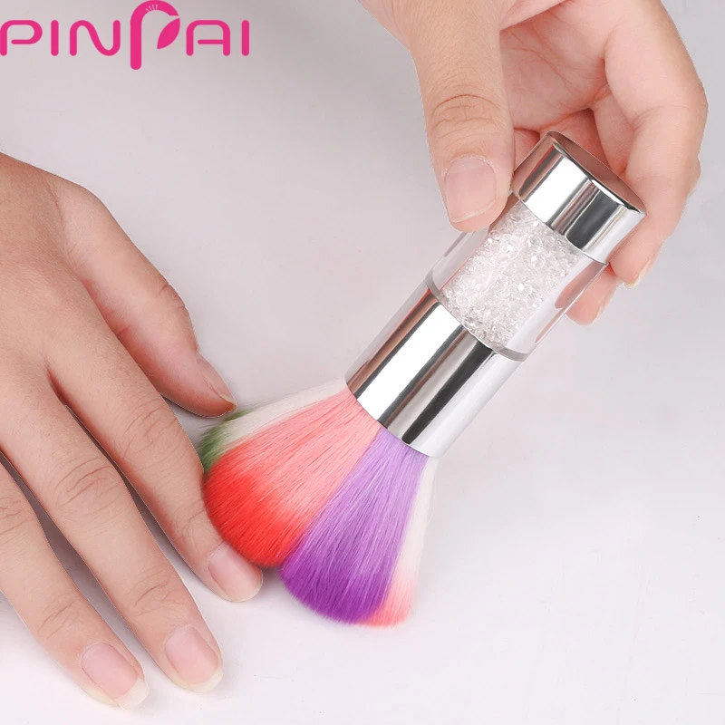

Pinpai Special Design Mixed 7 Colors Nail Art Dust Brush Cleaner Gold Handle Nylon Brush Colorful Soft Rhinestone Decoration Hot