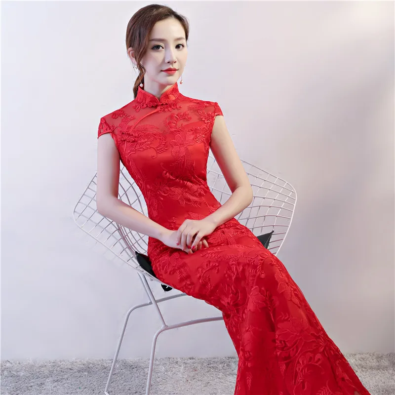 

2018 New Women Red Lace Wedding Dress Lady Chinese Tradition Dresses Trailing Mermaid Qipao Vintage Oriental Style Dresses 90