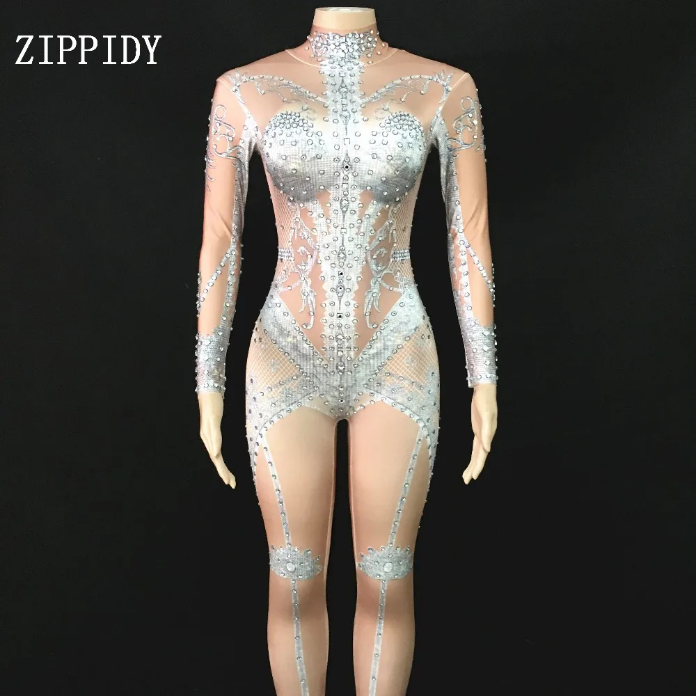 2019 Silver Rhinestones Dance Jumpsuit Glisten Crystals Rompers Costume Stretch Bodysuit Stage Performance Singer Outfit