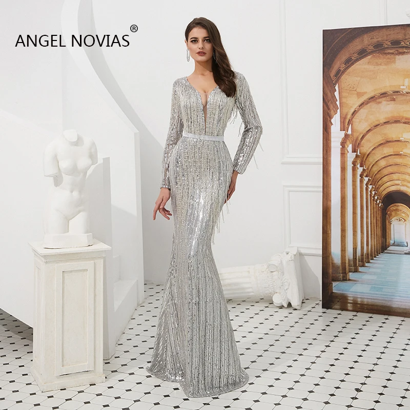Женское вечернее платье с длинным рукавом ANGEL NOVIAS серебристое блестящее Русалка
