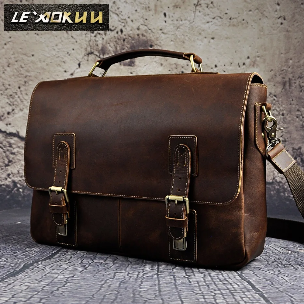 Men Crazy Horse Leather Retro Designer Business Briefcase Document Laptop Case Male Fashion Portfolio Attache Shoulder Bag 8069