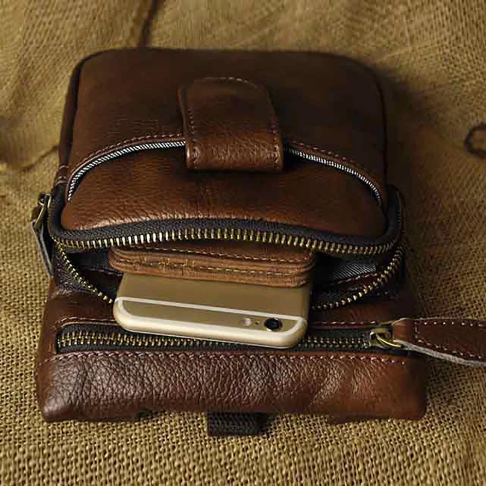 

Men Oil Wax Cowhide Shoulder Messenger Bag Vintage Casual Genuine Crossbody Fanny Bags Male Hip Bum Hook Waist Belt Purse Pouch