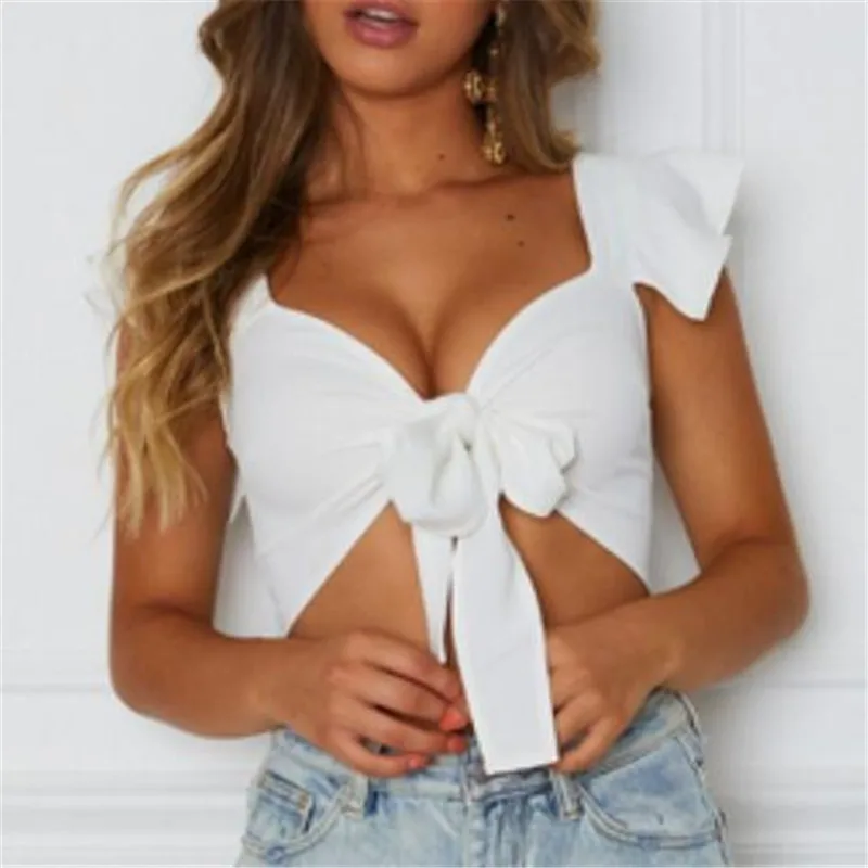 Женский топ с коротким рукавом новая сексуальная майка бантом спереди Женские
