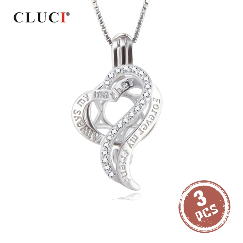 

CLUCI 3pcs Silver 925 Heart Pearl Pendant Locket for Women Necklace 925 Sterling Silver Zircon Pendant Mother's Day Gift SC353SB