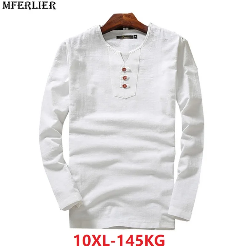 Осенние мужские льняной топ длинные рукава v-образный вырез хлопок большой