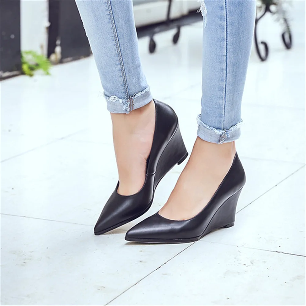 

Drestrive Genuine Leather Women Pumps Pigskin Lining Shallow Spring Classics Wedges Woman Summer Shoes Size 33-41 Cow Leather