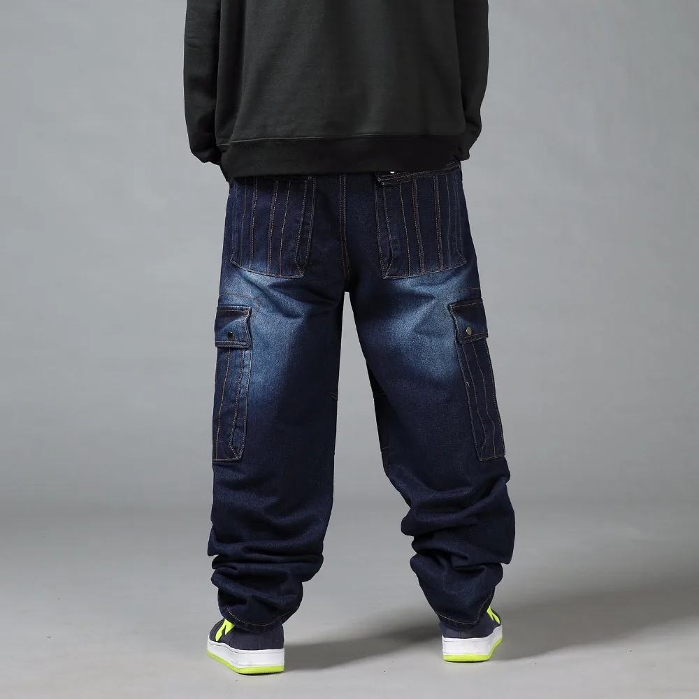 Mens Baggy Cargo Jeans with Side Pockets Men Autumn Winter Hip Hop Skateboard Pants Men Casual Loose Hiphop Wide-legged Pants