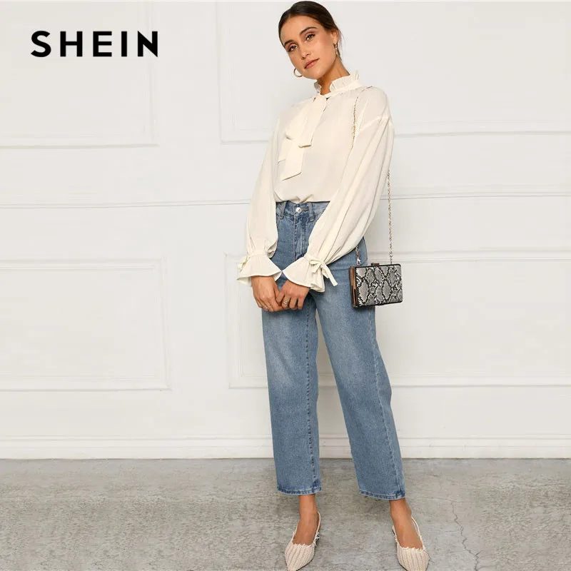 SHEIN Топ С Оригинальным Рукавом И Бантом Элегантная Офисная Блузка С Длинным Рукавом