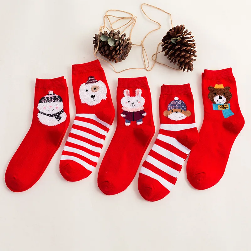 5 pair striped cartoon lady red socks japanese Cute kawaii Socks Hipster Winter Christmas New Year Gift | Женская одежда