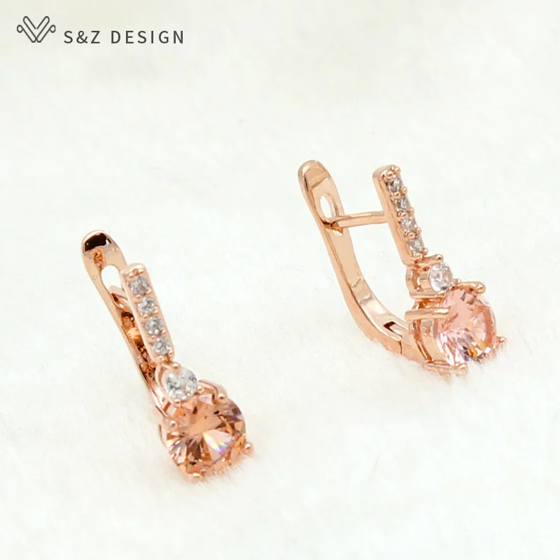 Серьги подвески S & Z с инкрустацией фианитами розовое золото 585