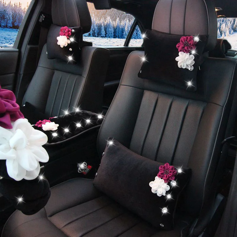 Roses Flower Car Interior Deco Crystal Plush Car Steering Wheel Cover Seat Belt Gear Shift Set Auto Accessories for Women Girls Roses Flower Car Interior Deco Crystal Plush Car Steering Wheel Cover Seat Belt Gear Shift Set Auto Accessories for Women Girls