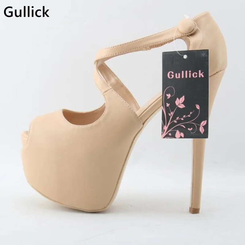 

Gullick Sexy Peep Toe Crossed Strappy Platform Pumps Woman 2018 Super Thin High Heels Solid Beige Woman Party Dress Shoe Cheap