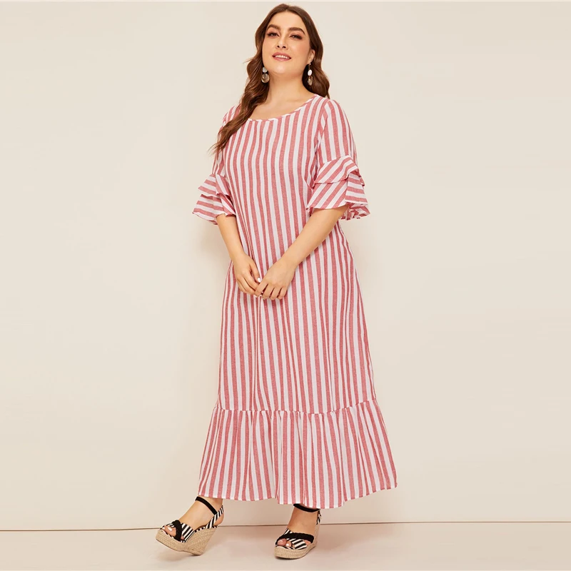 SHEIN, платье макси в полоску с рукавами-колокольчиками размера плюс, коллекция, женское Повседневное платье-туника с оборками на весну и лето
