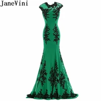 janevini elegant green mermaid bridesmaid dresses beaded black lace appliques chiffon prom dresses long sweep train party gowns