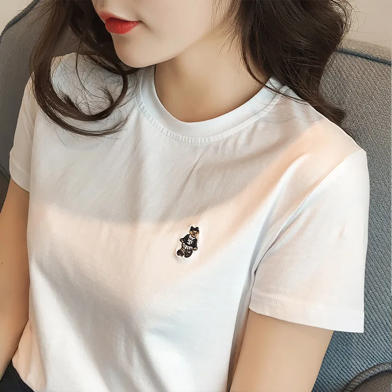 YAUAMDB women t shirts 2018 summer S-XL cotton female t-shirts clothing short sleeve embroidery slim formal ladies top tees Y32 | Женская