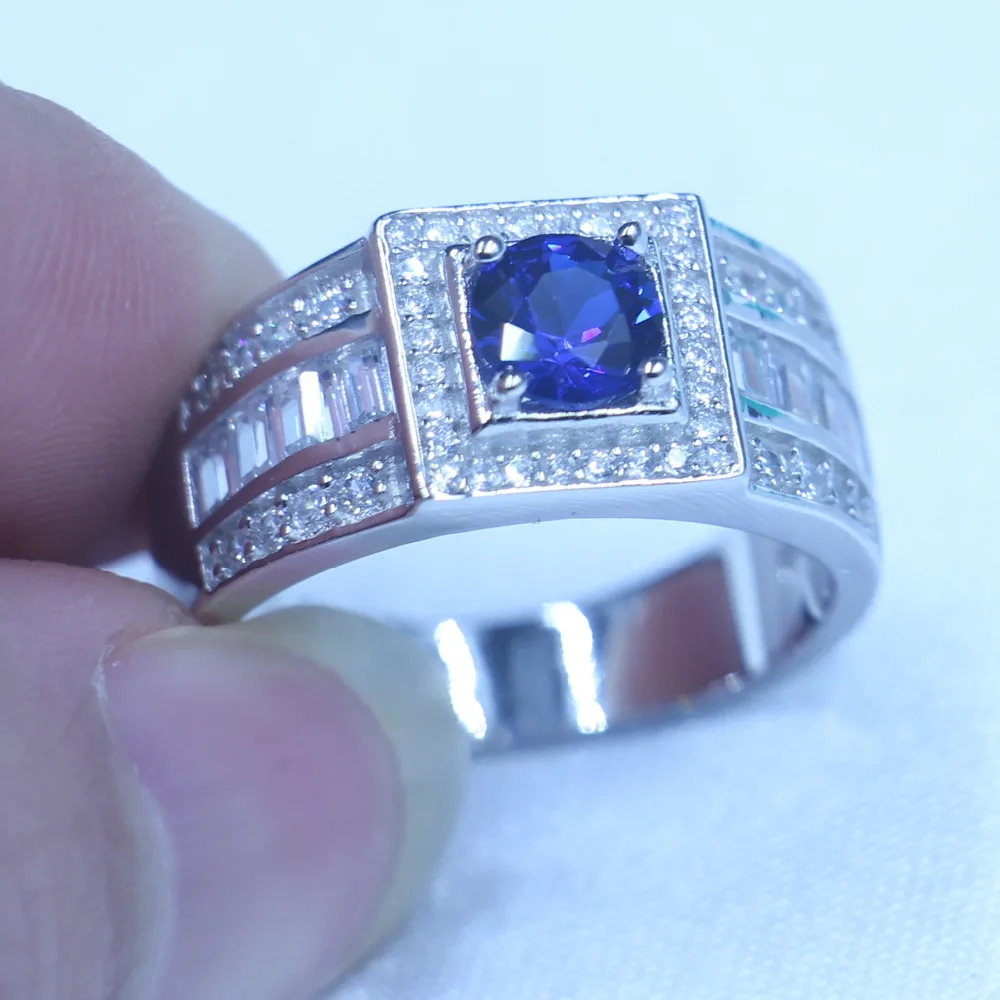 Настоящее Soild 925 пробы серебряные обручальные кольца для мужчин 1ct синий AAAAA