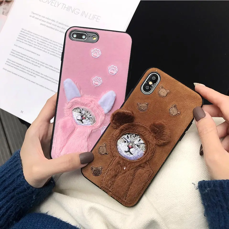 Вышивка Чехол для телефона iPhone XS Max 6 7 8 X XR милый плюшевый Кот задняя крышка S плюс