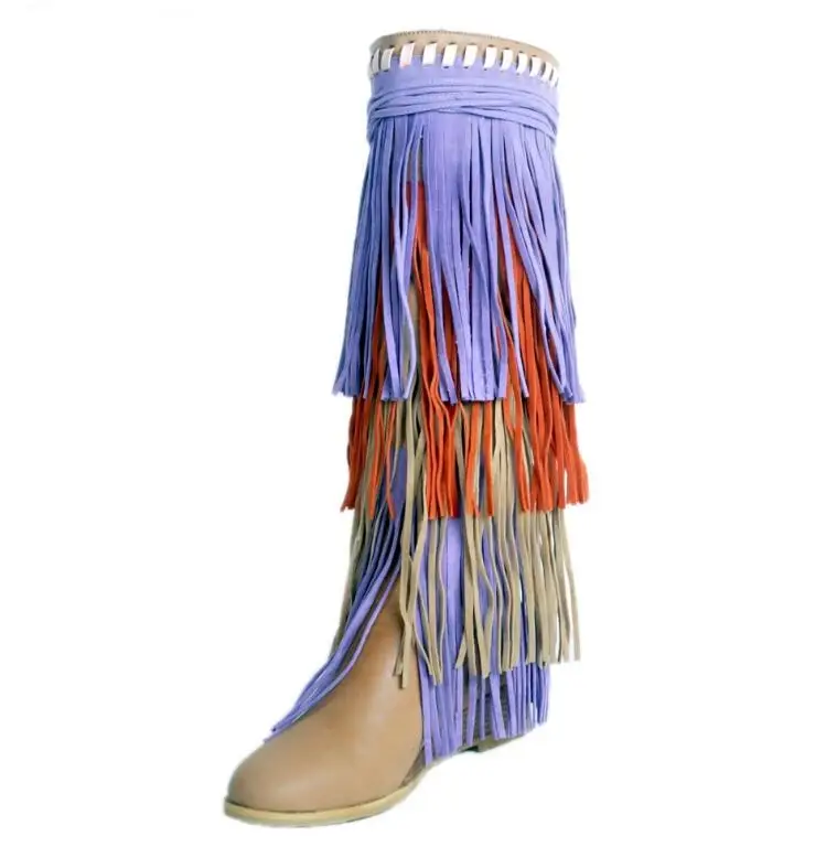 

Hot Selling Mixed Colors Suede Fringed Knee High Boots Round toe Height Increasing Woman Long Boots 2018 Tassel Boots