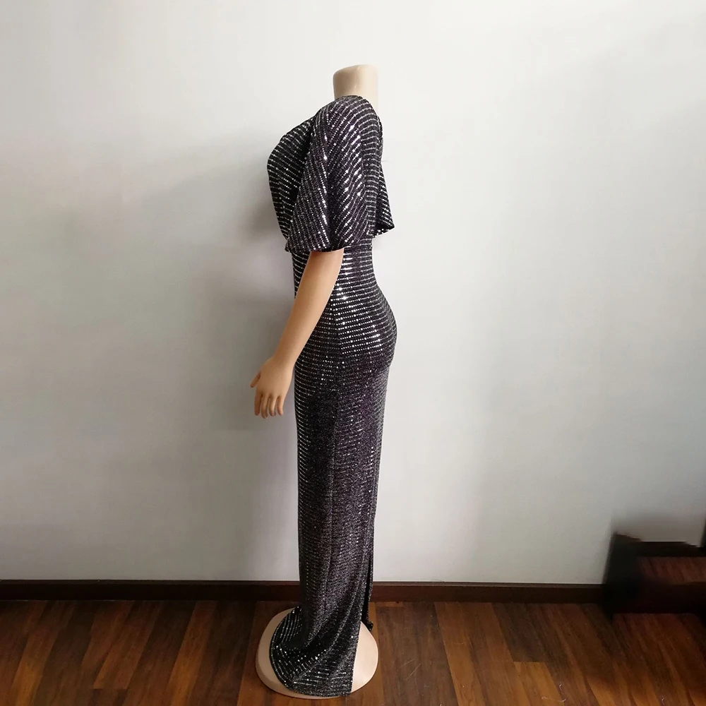 Summer Sexy Club Luxury Gray Party Women Long Pencil Dresses Tunic High Waist Backless Female Sequin Glitter Evening Maxi Dress