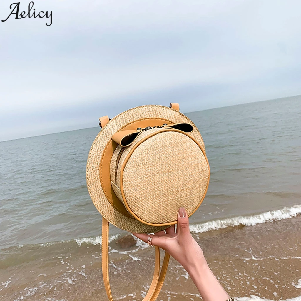 Женская плетеная сумка мессенджер Aelicy летняя соломенная для боулинга с бантом