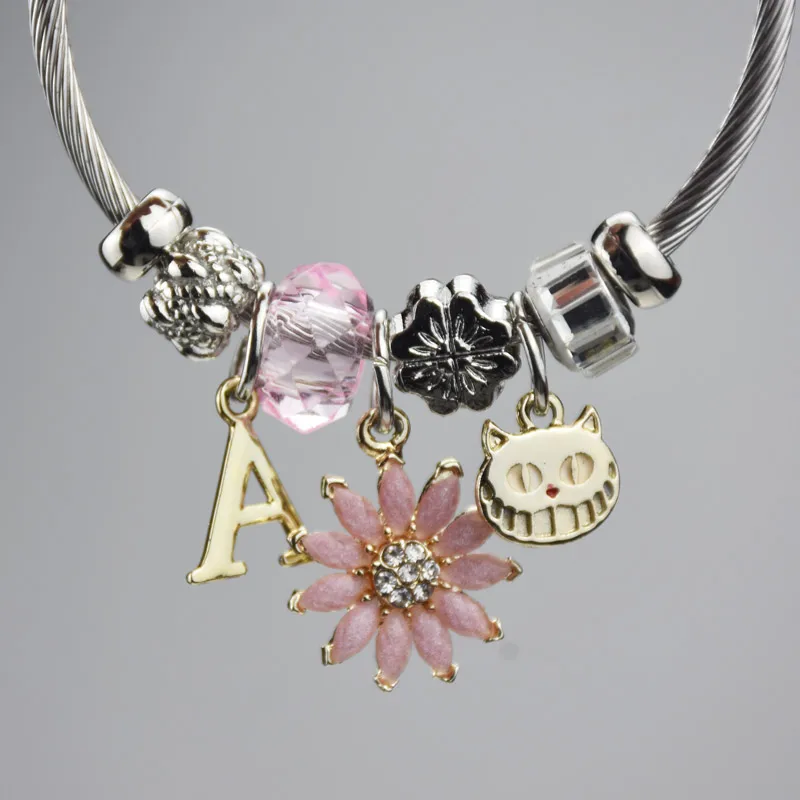Trendy Pink Crystal Alloy Letter A Bracelets &amp Bangles Charm Flower Cat Pendant Stainless Steel Bracelet Fashion Jewelry Gift | Украшения