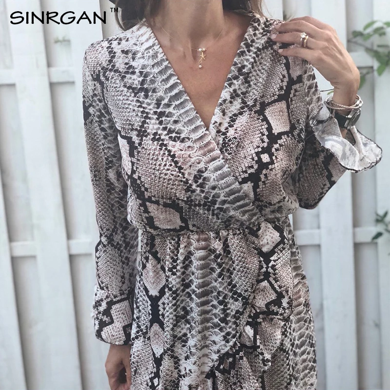 SINRGAN платье с длинным рукавом и змеиным принтом женщины vestidosвинтаж А линия V