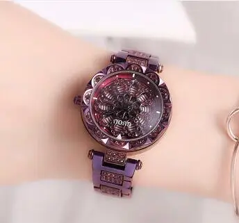 Steel Purple Модные Guou Топ Бренд Скелет женские кварцевые часы сердце вращающийся лицо водонепроницаемые женские кожаные Стальные наручные часы - Цвет: Steel Purple