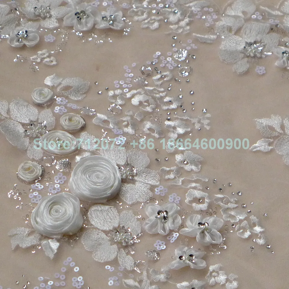 Off white 3D Роза вышитое блестящим бисером кружево ткань 129 5 см ширина по двору для