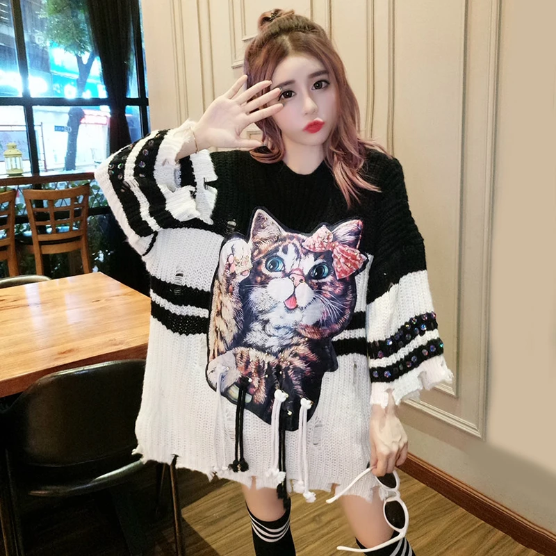 7Mang 2018 Women Sweet Black Long Sweater O Neck Loose Cartoon Cat Knit Pink Harajuku Cute Fringe Sweaters 1222 | Женская одежда