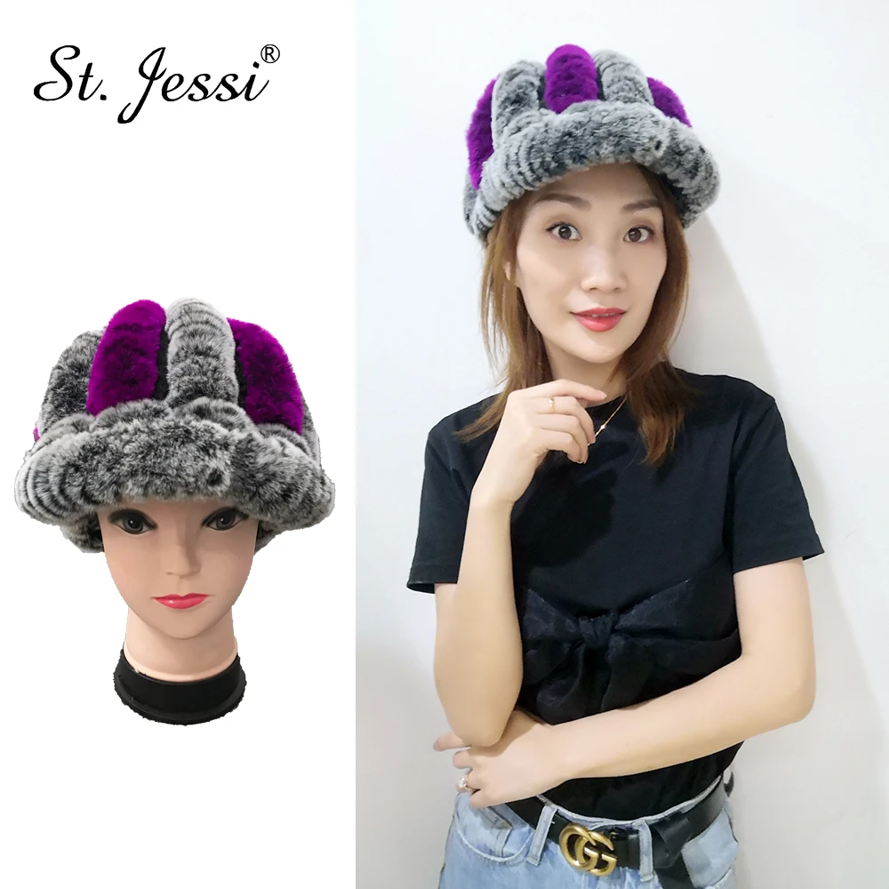 ST Jessi женская шапка натуральный вязаный Настоящий мех кролика шапка русская Толстая полоса теплая ветрозащитная gorra mujer зимняя шапка