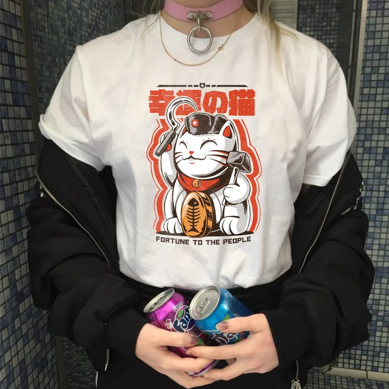 Новая белая одежда Lucky Cute Cat CATNIST Harajuku Японские футболки эстетический Ангел