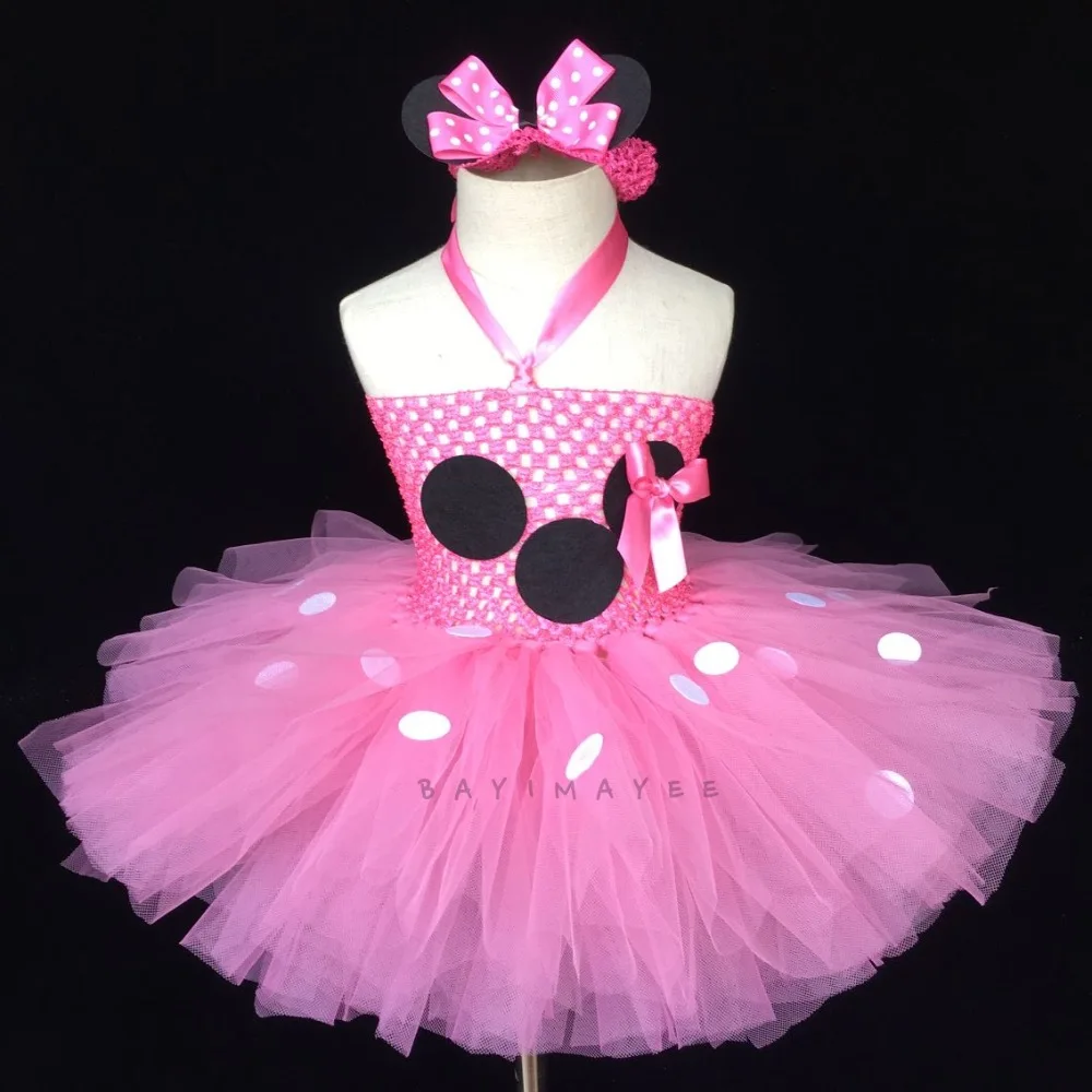 Cute Girls Pink Cartoon Tutu Dress Baby 2Layers Crochet Tulle with White Dots and Flower Headband Kids Party Cosplay | Детская одежда и