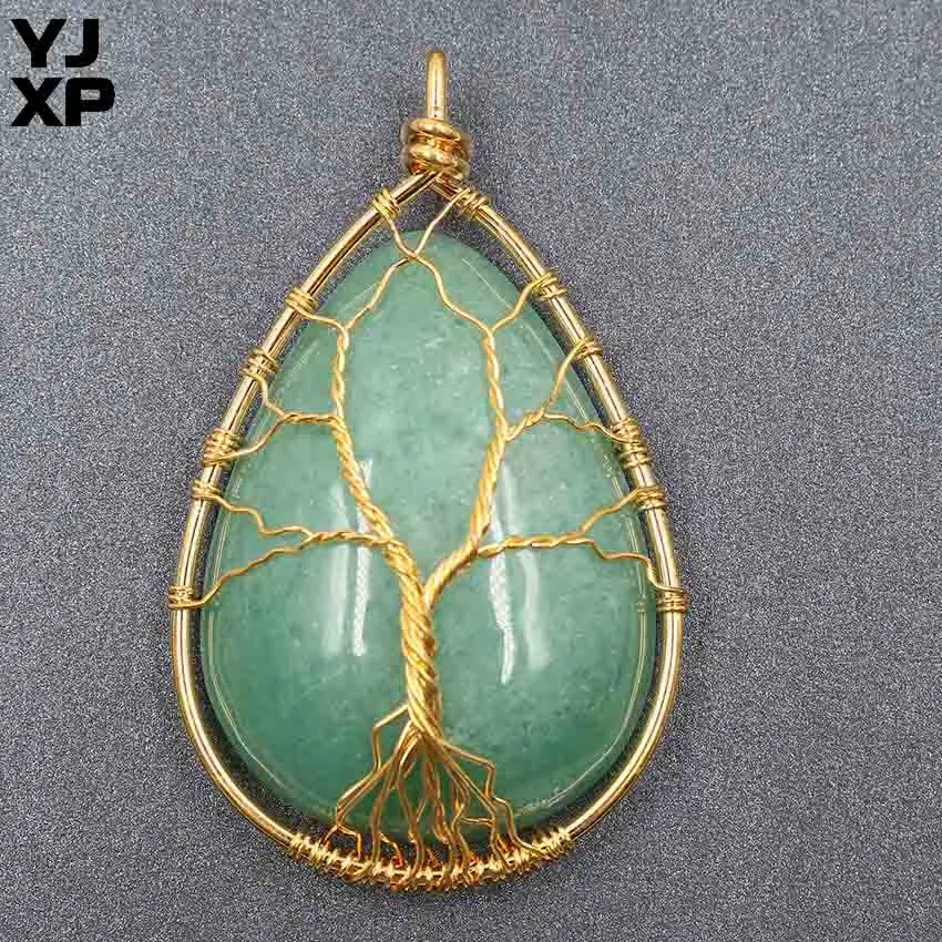 

YJXP 1 Pcs Wire Wrapped Natural Quartzs Stone Pendant for Necklaces Light Yellow Gold Tree of Life Water Drop Shaped Jewelry
