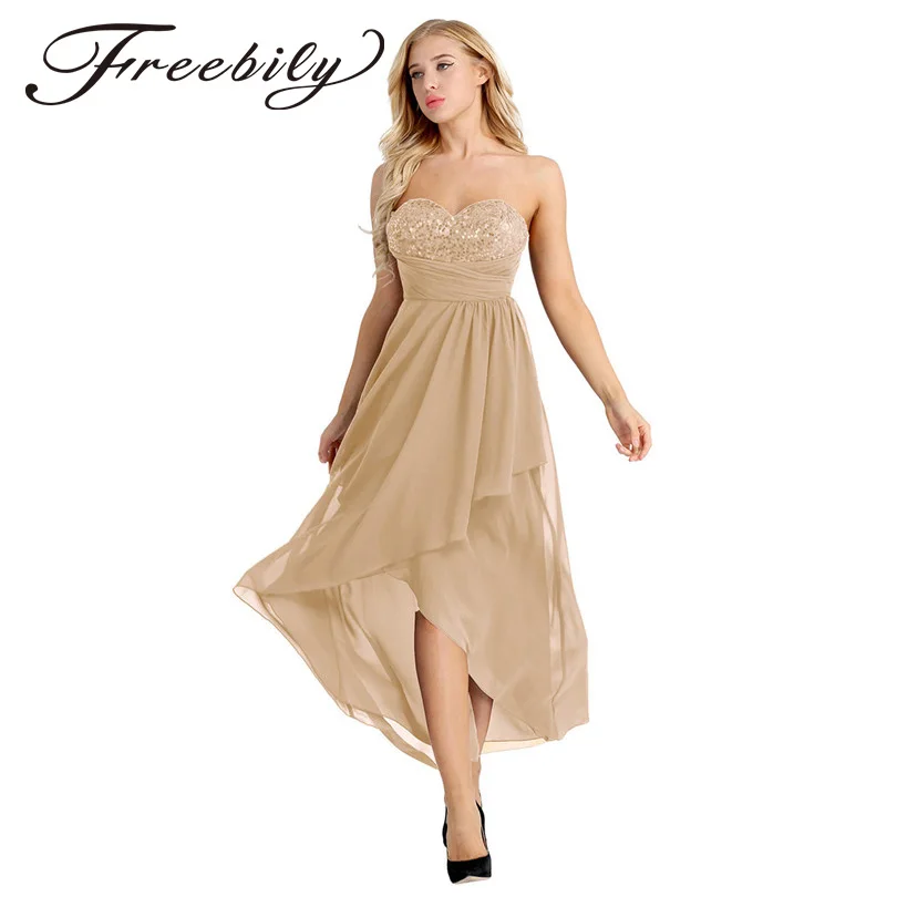 Новинка женское шифоновое длинное платье Freebily без бретелек асимметричное