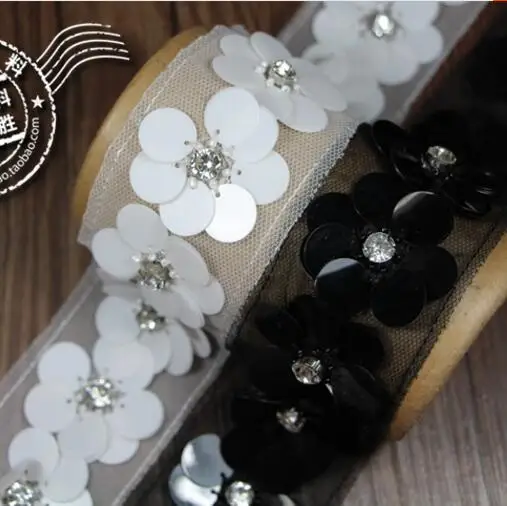 

2Yards Sequin Flower Lace Collar 3D Exquisite Handmade Beads Lace Crystal Ribbon Pearl Trim Applique Wedding Dress Accessories