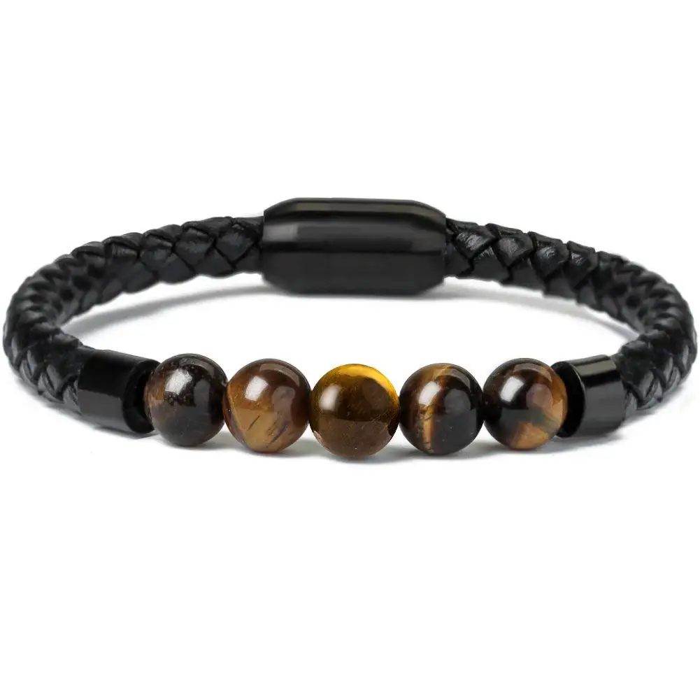 Tiger eye Новинка, модный очаровательный мужской кожаный браслет из лавовой чакры, черные браслеты из нержавеющей стали и браслеты для мужчин, ювелирные изделия в стиле панк - Окраска металла: Tiger eye