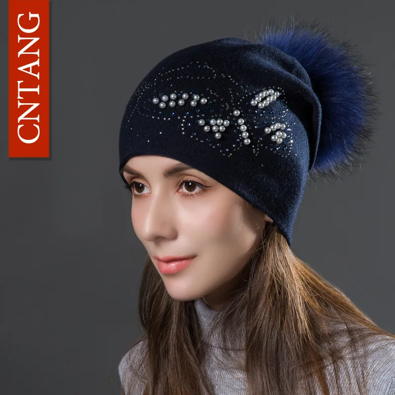 Navy Navy Pompom CNTANG Модные женские шапки с жемчужинами и бабочками, вязаные шерстяные вязаные шапки для осенне-зимнего сезона, теплые шапки с натуральным мехом, женские шапки с помпонами - Цвет: Navy Navy Pompom