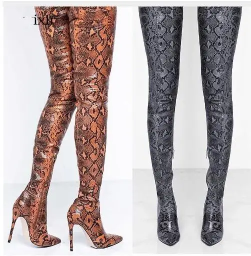 Sexy Python Print Leather Over The Knee Tight High Boots Pointed Toe Women 2019 Slim Fit Banquet Dress Shoes | Обувь