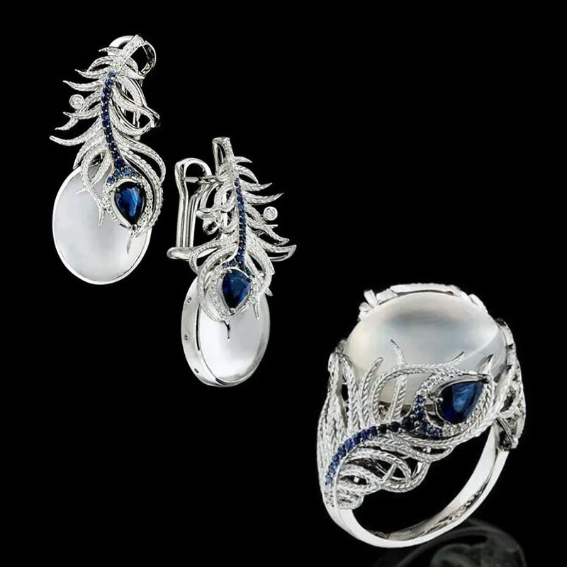 ZORCVENS Элегантные Свадебные Ювелирные наборы Винтаж Белый Лунный камень серебряного цвета кольца с перьями/серьги набор украшений для женщин