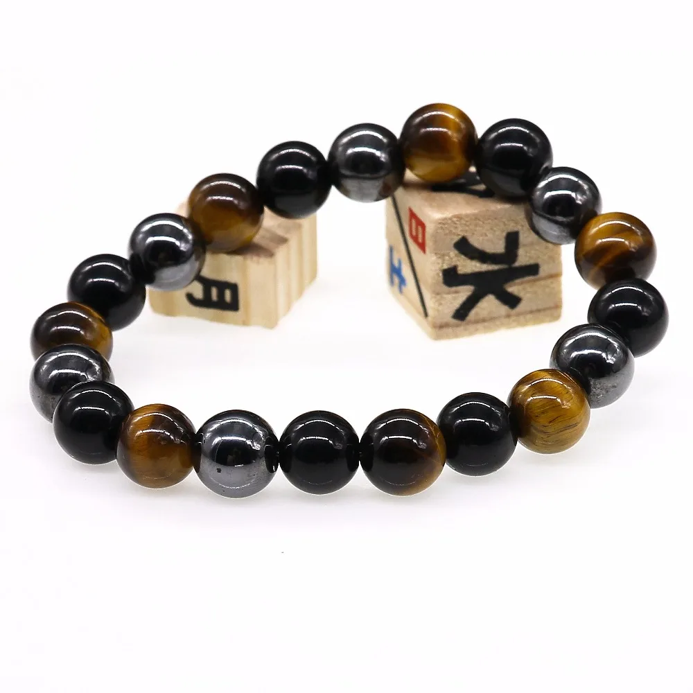 Браслет мужской из натурального тигрового глаза гематита и черного оникса 10