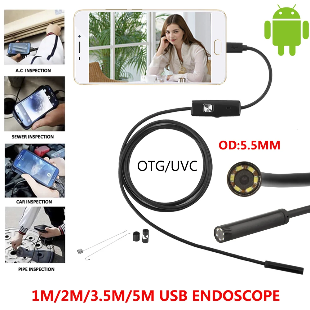 5.5mm Android Endoscope OTG Micro USB Waterproof Borescopes Inspection Camera with 6 LED and 1M 2M 3.5M 5M Cable | Безопасность и