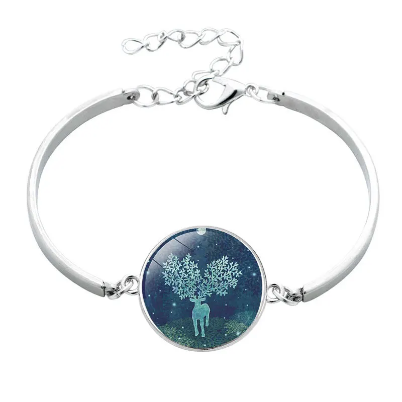 New Arrive Elk Forest Pattern Glass Cabochon Bracelet Christmas Deer Silver Color Adjustable Bangle Women Men Kids Gift Jewelry | Украшения