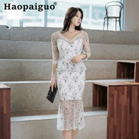 big size perspective lace patchwork floral dress women short sleeve korean summer dress 2019 women clothes vintage midi dresses