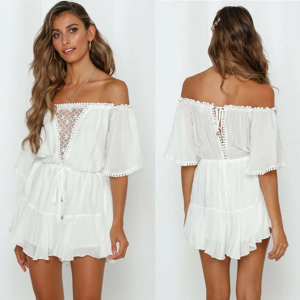 

Women ladies summer autumn off shoulder sexy playsuits fashion Short sleeve sheer lace patchwork hollow bandage loose playsuits