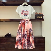 high quality 2021 new spring and summer womens print t shirts single breasted long skirt two piece female casual skirt suits