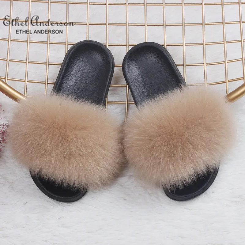 Khaki Fox Fur Новинка года; шлепанцы с натуральным лисьим мехом; шлепанцы для дома и улицы; женские меховые сандалии; обувь на плоской подошве; - Цвет: Khaki Fox Fur