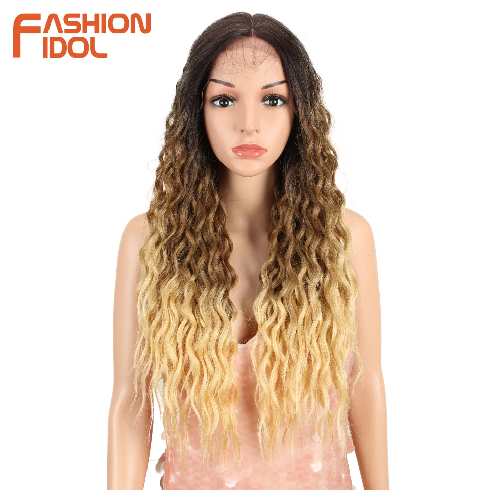 FASHION IDOL 28 inch Hair Synthetic Lace Front Wigs For Black Women Soft Loose Wave Hair Ombre Brown Pink Heat Resistant Hair