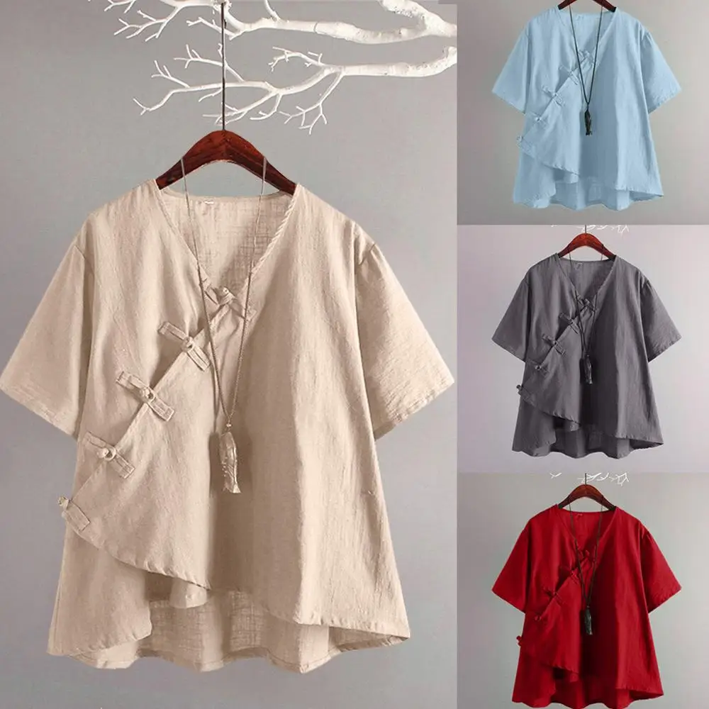 Женская винтажная Свободная рубашка из хлопка и льна с V-образным вырезом