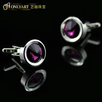 onlyart dark purple crystal cufflink mens round cufflinks silver color fashion button for shirts